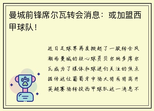 曼城前锋席尔瓦转会消息：或加盟西甲球队！
